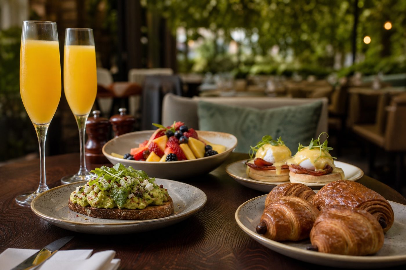 Brunch spread with pastries, eggs and mimosas